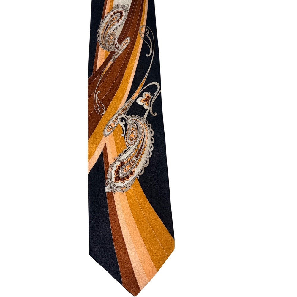 VTG Stacy Adams Silk Tie Black Gold Orange Paisley Retro 70s Geometric Deco MCM